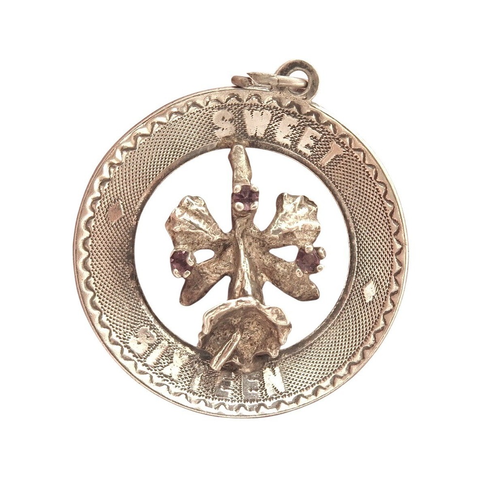 Vintage MB STERLING 925 Orchid Flower Amethyst Pendant Sweet Sixteen Charm‎